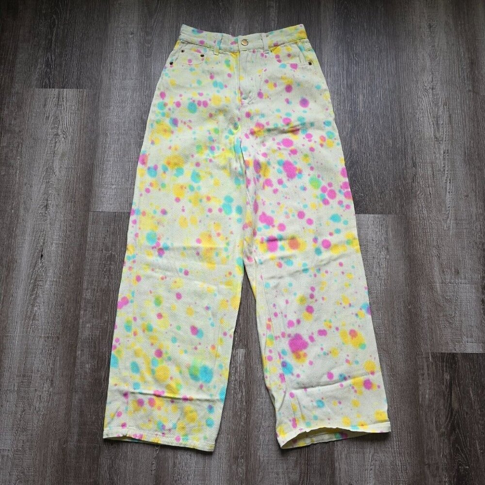 Shekou Jeans Womens Small Wide Leg High Rise Denim Yellow Paint Colorful Hip Hop